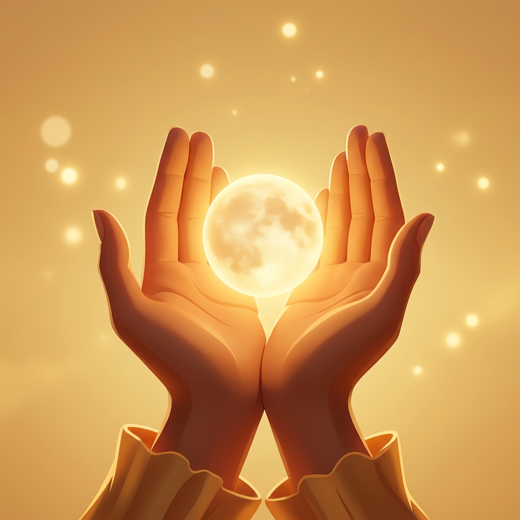 An open hand holding warm light against darkness