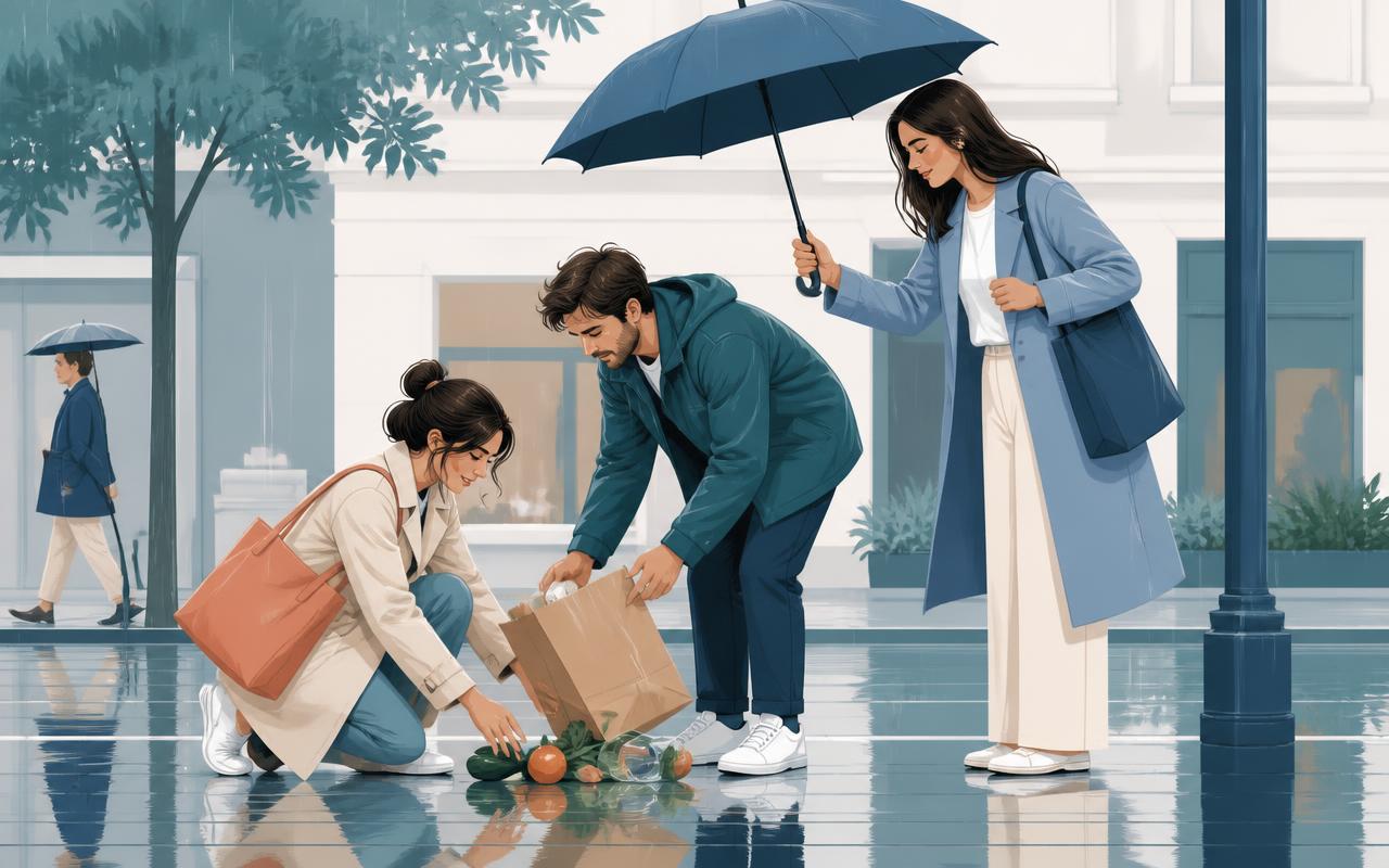 A woman kneeling to help a stranger gather dropped groceries in the rain while a passerby holds an umbrella over them