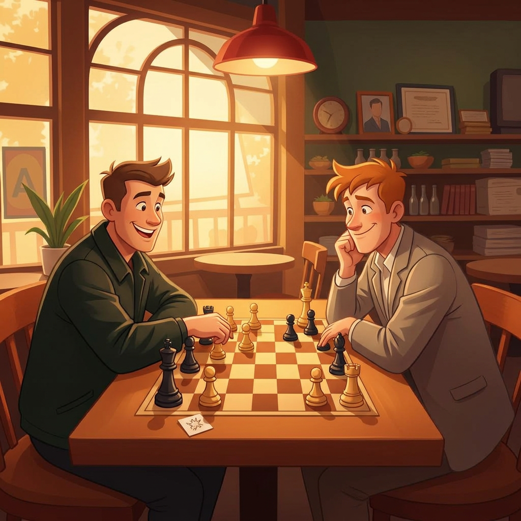 Two chess players locked in concentration across a worn wooden board