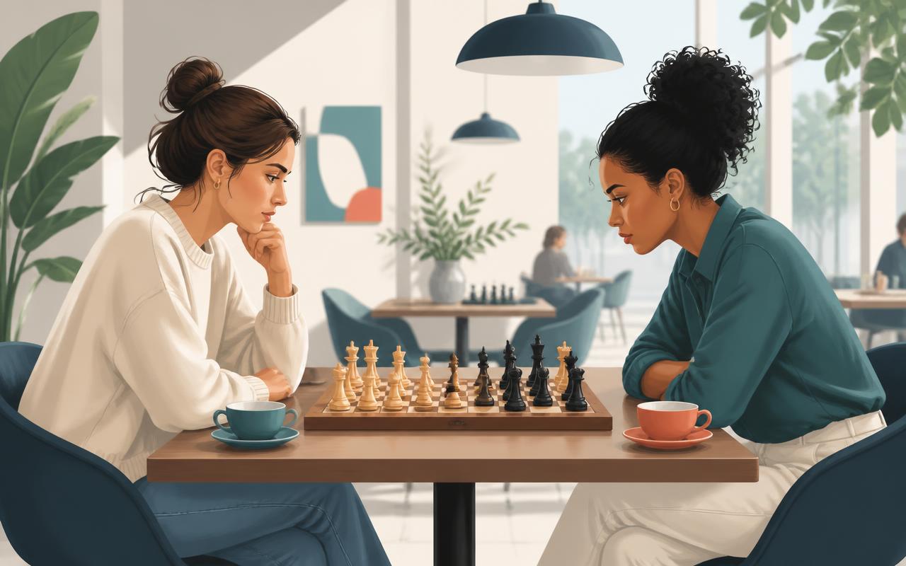 Two women playing chess across a wooden board in a bright cafe, both deeply focused