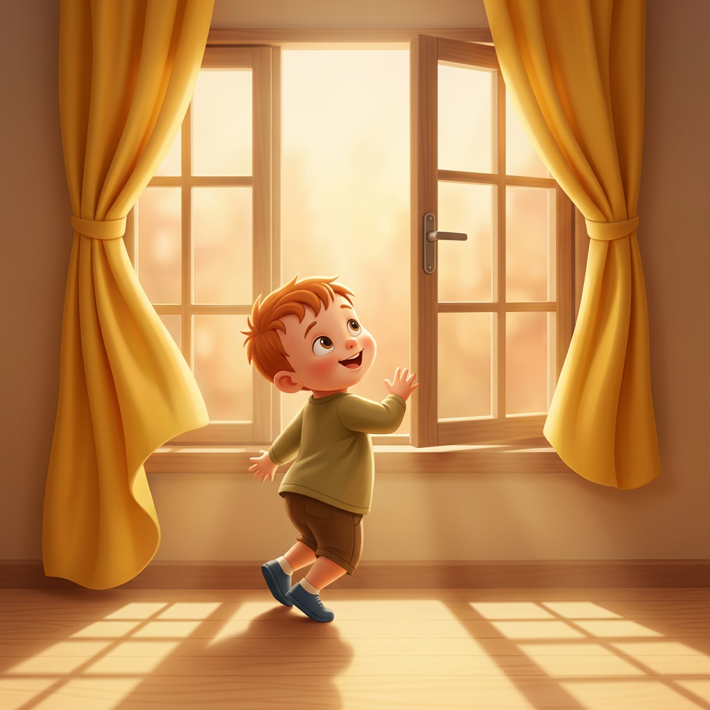 A child taking wobbly first steps toward warm window light