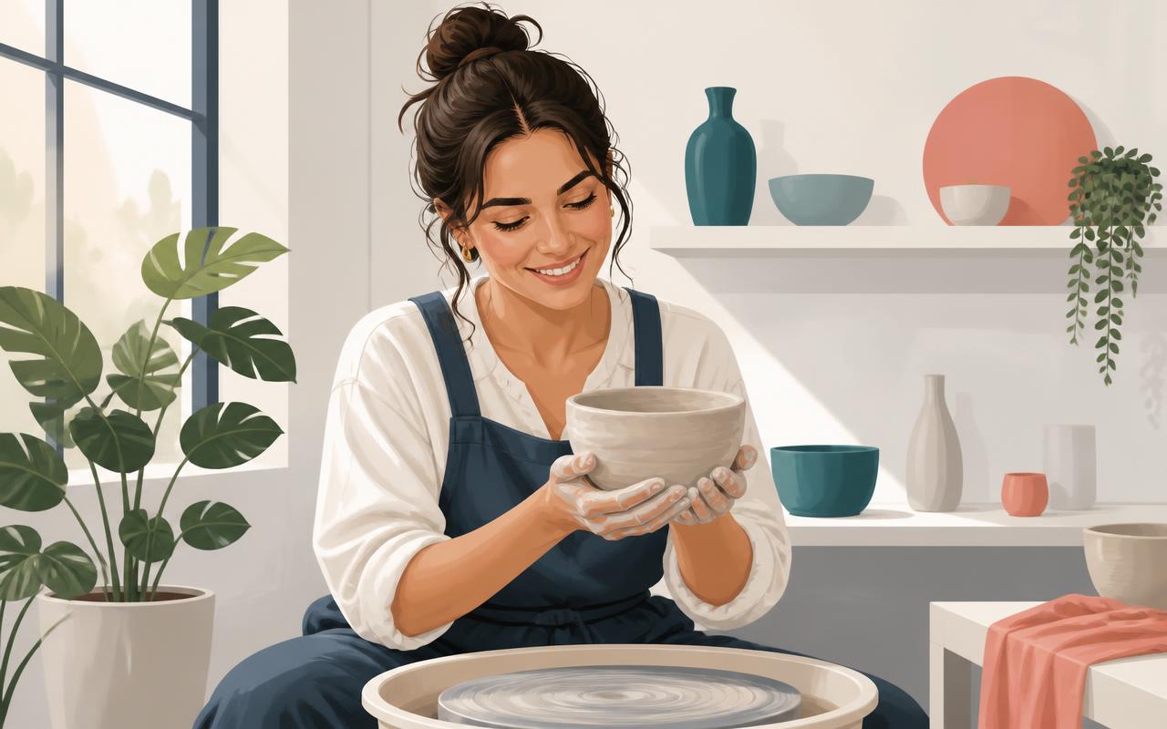 A woman at a pottery wheel smiling at the lopsided first bowl she has just made