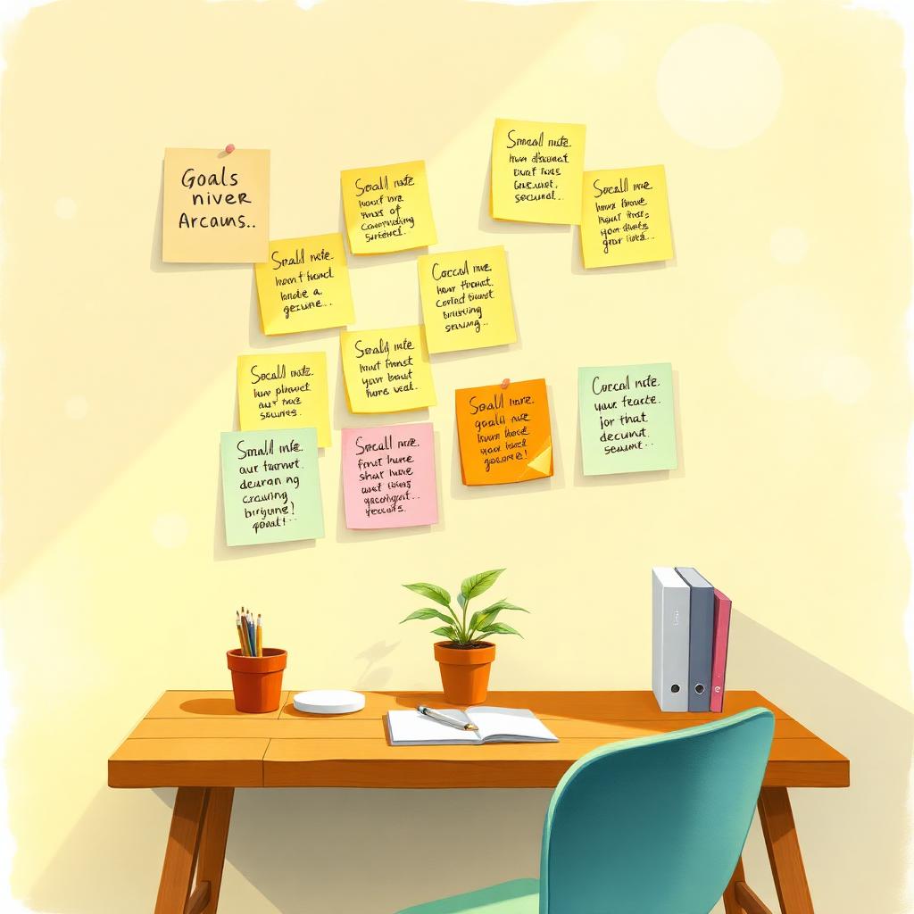 Handwritten goals pinned to a sunlit wall above a wooden desk