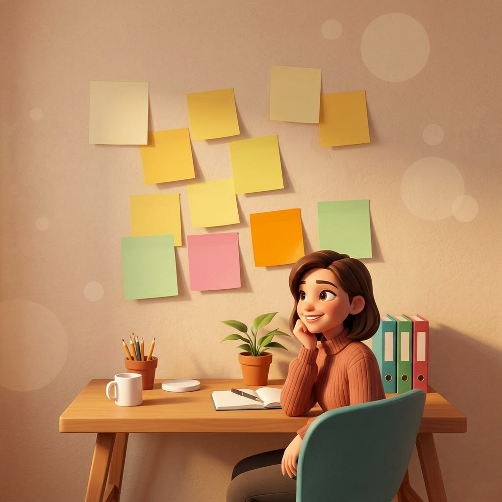 Handwritten goals pinned to a sunlit wall above a wooden desk